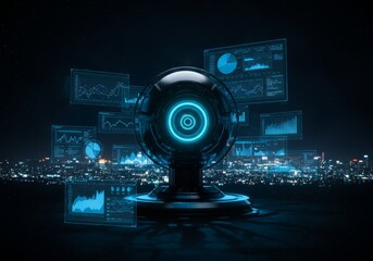 Concept of artificial intelligence, a visual view of a supercomputer, surrounded by graphs and holograms. Digital viewFor background, copy space