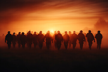 Fototapeta premium A unified group strides forward against a blazing sunset. The figures are silhouetted against the bright sky, their destination unknown but purpose clear.