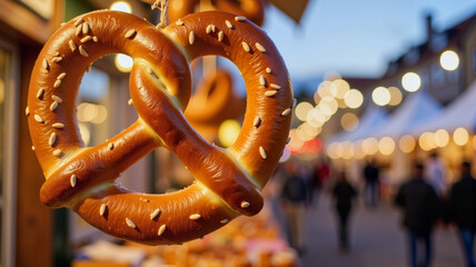 Delicious pretzel hanging at festival market in evening light, culinary delight