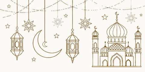 Ramadan Kareem Border, Islamic art Style Background. Symbols of Ramadan Mubarak, Hanging Gold Lanterns, arabic lamps, lanterns moon, star, art vector and illustration