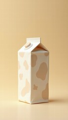 a stylish milk carton featuring a modern design with a cow print pattern, set against a soft, neutral background, perfect for packaging and branding visuals.