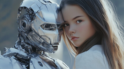 Girl with female silver cyborg