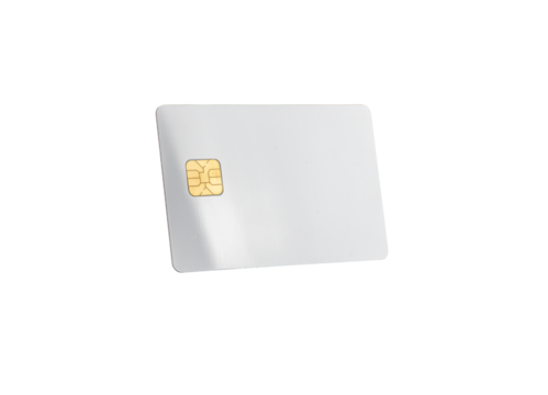 A blank credit card floating in mid-air, showcasing its sleek, glossy design with a chip. Ideal for business presentations, advertising, and financial services. Isolated on a white background