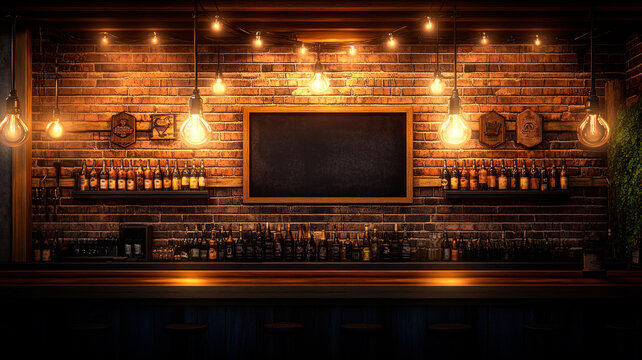 Bar counter with beer bottles and black chalkboard
