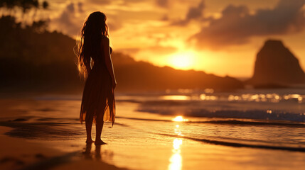 Woman Standing by the Water at Sunset on a Tranquil Beach