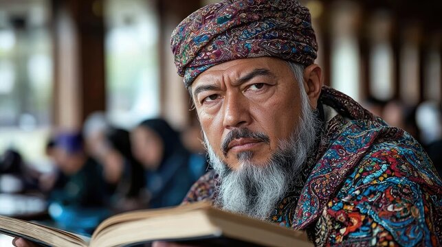 Elderly man reading book in mosque, blurred background
