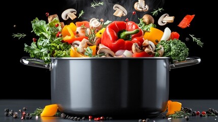 Large pot of vegetables is being cooked in a kitchen. The vegetables include peppers, mushrooms, and broccoli. The pot is filled with a variety of vegetables