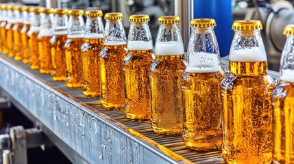 Rows of chilled craft beer bottles moving on conveyor belt in busy brewery