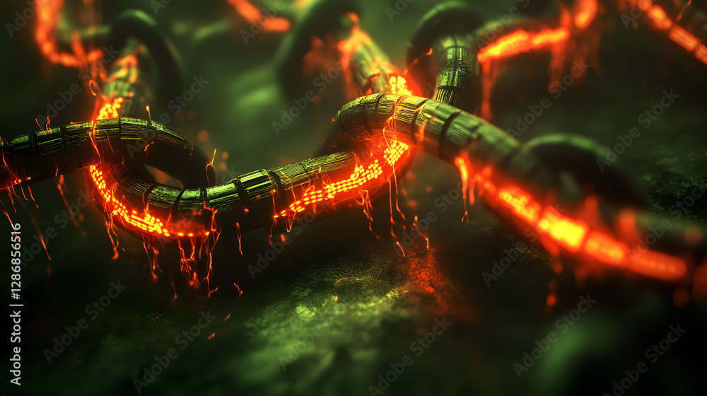 Poster computer screen displaying red fire in a surreal futuristic rendering with abstract elements