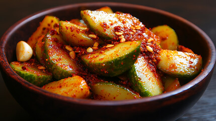 Spicy cucumber salad with garlic and sesame seeds in a wooden bowl on a dark background. Korean-inspired side dish with a fiery chili dressing.