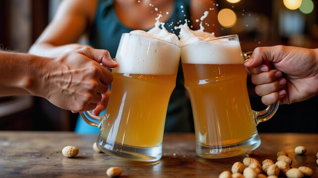 Cheers with beer mugs clinking indoors, celebration and camaraderie - Powered by Adobe
