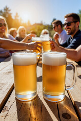 Jovial patrons toasting with frosty beer mugs at sunny beer garden, celebration
