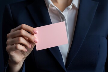 Woman in formal attire offering a pastel pink business card, shot, clean solid navy background.