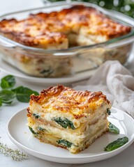 Layered potato and spinach gratin with a golden crust, served on a white plate, showcasing a comforting side dish.