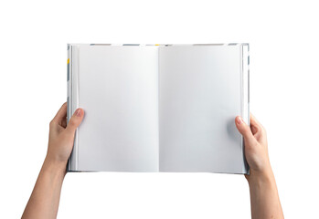 A person holding an open, blank book or journal with both hands, showcasing clean, white pages. Perfect for showcasing literature, design, or promotional content. Isolated on a white background,