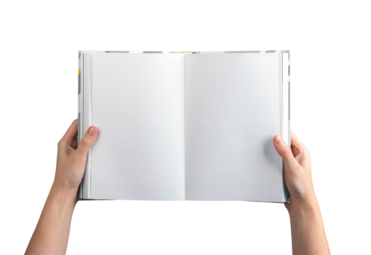 A person holding an open, blank book or journal with both hands, showcasing clean, white pages. Perfect for showcasing literature, design, or promotional content. Isolated on a white background,