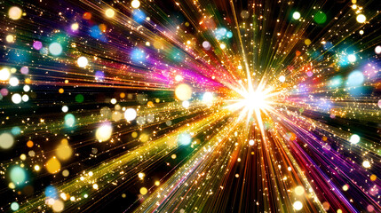 Fototapeta premium Colorful explosion of light and stars creating a surreal cosmic visualization in a dark background