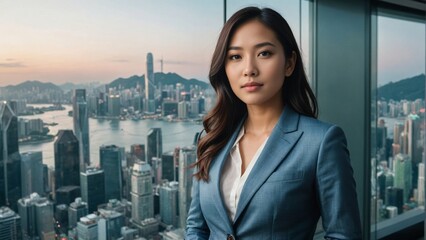 Confident Southeast Asian female tech executive in a high-rise Hong Kong office, tailored blazer and pencil skirt, showcasing leadership and modern style