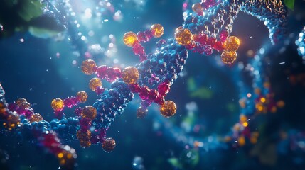Surreal representation of RNA synthesis action ribonucleotides assembling DNA strand ultra detailed molecular bonding photo realistic texture vibrant color palette natural lighting golden ratio