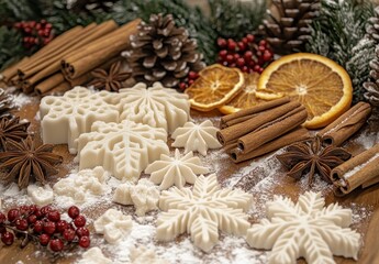 Festive Winter Scene with Homemade Wax Ornaments, Cinnamon Sticks, Dried Oranges, Pinecones, and Natural Decorations on Rustic Wooden Table