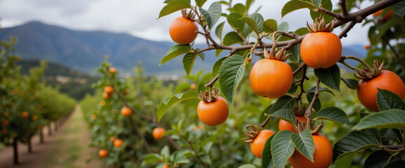 Vibrant orange persimmons on branch in lush landscape, natural abundance