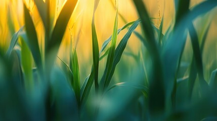 Corn Stalks Glowing in Sunlight Through a Rural Agricultural Field