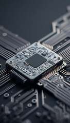 Fototapeta premium Advanced Microprocessor on Circuit Board: High-Tech Electronics & Computer Hardware Engineering Innovation