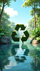 Lush Green Recycle Symbol in Tranquil Tropical Lake Environmental Conservation Concept