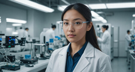 Focused Vietnamese female pharmaceutical researcher in a pristine lab coat and safety goggles within a modern biotech cleanroom, embodying innovation in healthcare