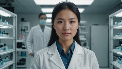 Focused Vietnamese female pharmaceutical researcher in a pristine lab coat and safety goggles within a modern biotech cleanroom, embodying innovation in healthcare