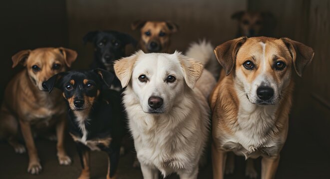 A Group of Sad and Hopeful Stray Dogs Stares Into the Camera at an Animal Shelter.