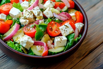 Colorful salad composed of lettuce, tomatoes, cucumbers, red onions, and feta cheese topped with herbs, served in a wooden bowl on a rustic wooden table