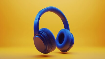 Naklejka premium 3d rendering of stylish blue headphones on a vibrant yellow background, showcasing modern audio technology with a minimalist design and bold color contrast for music and tech-themed digital art