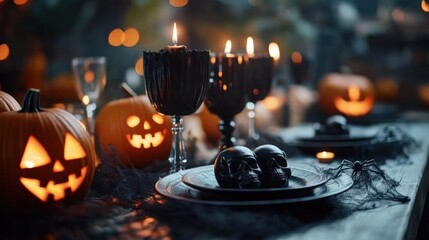 Obraz premium Spooky halloween festivities cozy home setting table decor nighttime ambience close-up viewpoint eerie celebration ideas