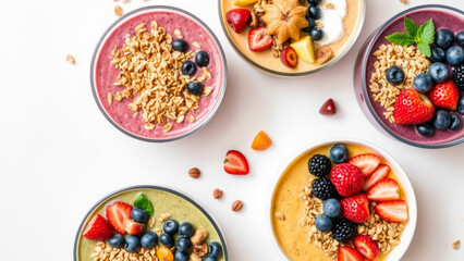 Top view of colorful smoothie bowls with granola, berries, and fruits on white background.
