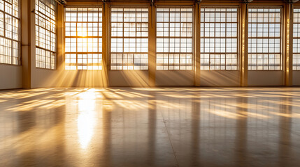 Bright Sunlit Industrial Space with Shadows and Equipment