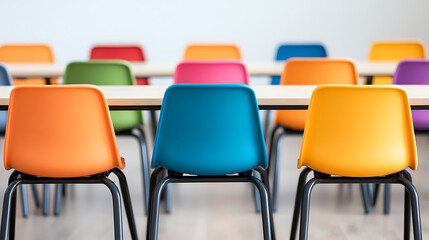 Obraz premium Classroom chairs in various colors line the room, offering seating for students in an organized and visually engaging learning environment.