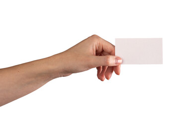 Female hand holding a blank business card, fingers positioned to present it forward. Symbolizing corporate identity, communication, and professionalism. Isolated on white background.