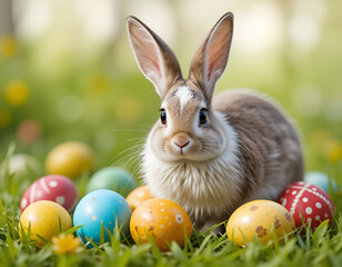 A cute bunny among colorful Easter eggs, creating an atmosphere of celebration and fun. Bright colors and nature delight the eye and give a feeling of happiness.