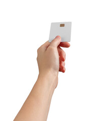 Female hand holding a blank credit card at an angle, showcasing payment, transfer, and commerce...