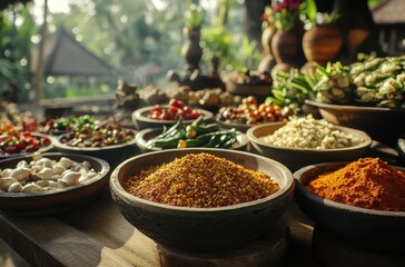 Fototapeta premium Fresh and Colorful Spices and Vegetables Displayed in Traditional Bowls at a Vibrant Market Surrounded by Lush Greenery and Natural Light