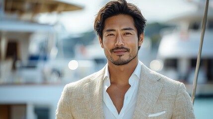 Fototapeta premium an asian businessman on a yacht dressed in a linen suit
