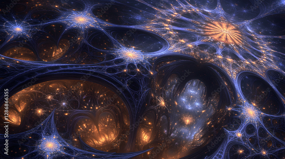 Poster computer generated abstract image of numerous interconnected neurons and artistic patterns