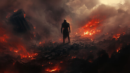 Obraz premium A demonic figure standing on a battlefield, with charred ruins and smoke rising around it. 