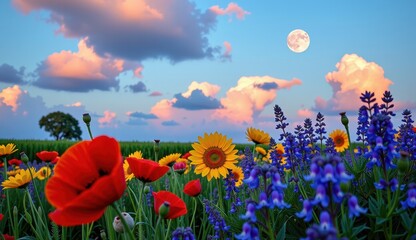 Fototapeta premium Vibrant wildflower meadow under a full moon glowing in an evening sky with colorful clouds