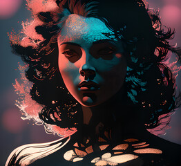 A vibrant watercolor illustration of a rising amidst flames and color splashes Bright female portrait in colors.generative ai