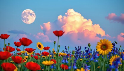 Fototapeta premium Vibrant wildflower meadow under a full moon glowing in an evening sky with colorful clouds