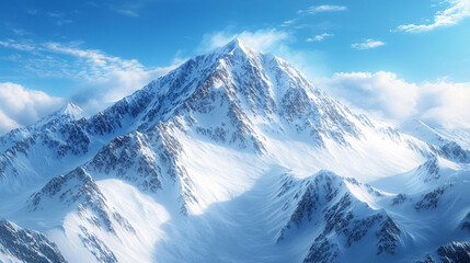 Fototapeta premium Towering snowy peak with steep slopes and clouds under a bright blue sky