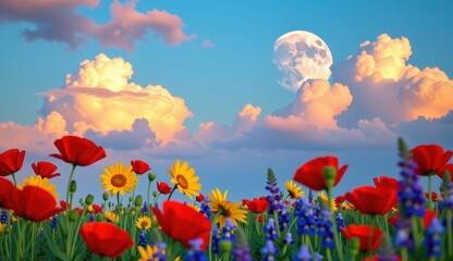 Fototapeta premium Vibrant wildflower meadow under a full moon glowing in an evening sky with colorful clouds