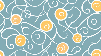 seamless pattern featuring decorative swirls and flowing lines with yellow circular accents on blue background, evoking playful and elegant design